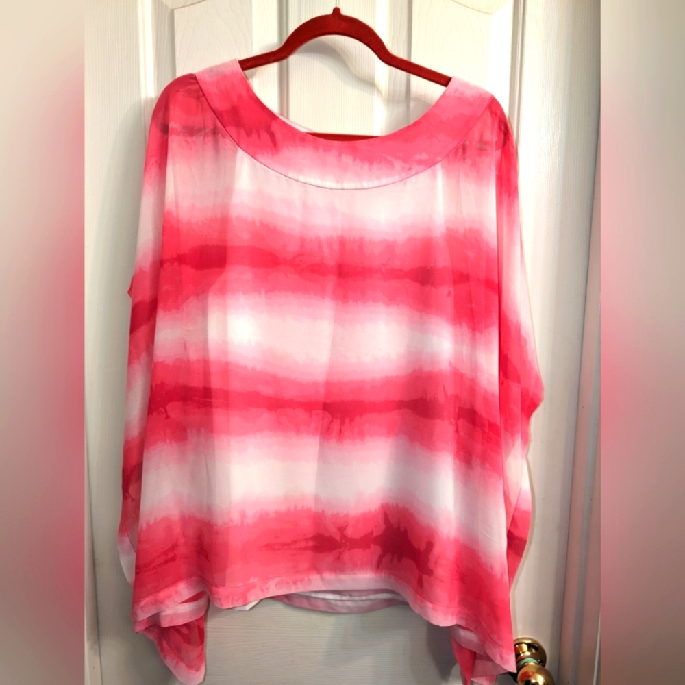 XL Rafaella Pink & White Sheer Blouse